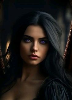 a woman with long black hair and blue eyes