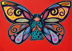 a painting of a colorful butterfly on a red background