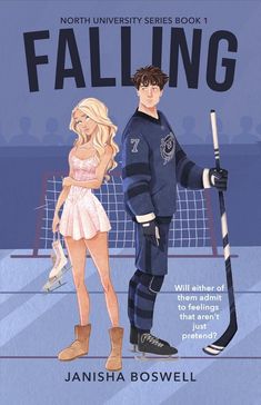 a book cover for falling by janisha bossell, with an illustration of a man and woman holding hockey sticks