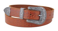 Vintage inspired belts, this western style belt is made with genuine leather and embellished throughout with a beautiful floral print design. It is styled with vintage silver elements in the buckle, loop, and tip of the belt, all of which are also enhanced with intricate floral engravings. This floral printed vintage western belt with antique silver plating will definitely draw attention to any outfit and accentuate your western cowgirl look. The attentive craftsmanship of this belt will definit Cowgirl Look, Floral Print Design, Western Belt, Western Cowgirls, Western Belts, Vintage Western, Western Style, Floral Printed, Black And Tan