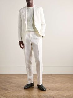 DE PETRILLO Slim-Fit Linen Suit Jacket for Men All White Cocktail Party Outfit Men, White Groomsmen Attire, White Linen Suits For Men, Mens White Linen Suit, Cream Suits For Men, Black Linen Suit, Linen Blazer Men, Party Moodboard, Mens White Suit