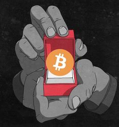 a person holding up a red box with a bitcoin on it in their hands