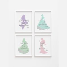 four disney princess silhouettes are displayed on the wall