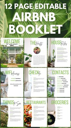 the front and back pages of an airbnb book with green plants on it