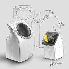 an image of a washing machine next to a device with a yellow button on it