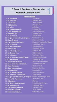 a purple poster with the words 10 french sentence starter for general conversation on it's side