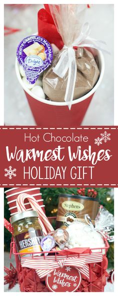 hot chocolate gift basket with the words hot chocolate warmest wishes holiday gift in it