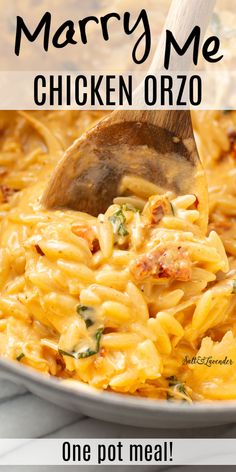 a close up of a plate of food with text overlay that reads marry me chicken orzo one pot meal