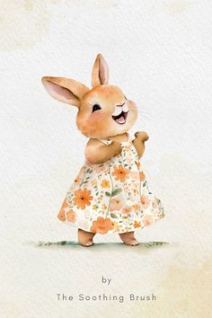 a watercolor painting of a rabbit in a dress