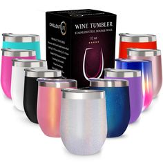 the wine tumbler is in different colors and sizes