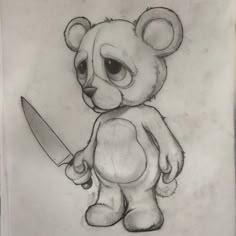 a drawing of a teddy bear holding a knife