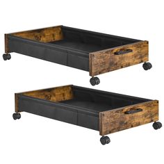 two wooden storage drawers with wheels on each side and black leather lining the bottom one