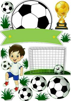 a boy standing in front of some soccer balls and a goalie's trophy