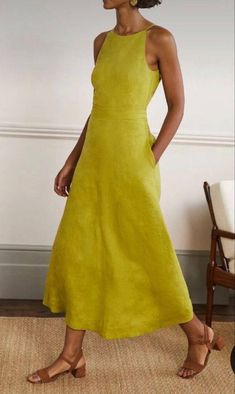 Linen Fashion, Linen Midi Dress, Halterneck Dress, 가을 패션, Linen Clothes, Linen Dresses, Linen Dress, Yellow Dress, Look Fashion