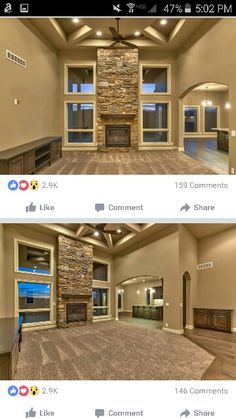 two screenshots of a living room with stone fireplace and large windows in the middle