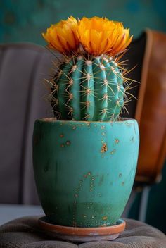 a cactus sitting in a green pot on top of a table