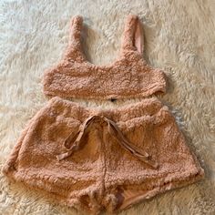 Blush Colored, Teddy Bear Style Shorts And Bra Top Set Never Worn New With Tags Teddy Bear Pjs, Comfy Nightwear, Sleeping Outfits, Women Nightwear Dresses, Rosabella Beauty, Fuzzy Shorts, Halloween Pjs, Tie Up Crop Top, Sleep Clothes