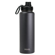 a black stainless steel water bottle on a white background