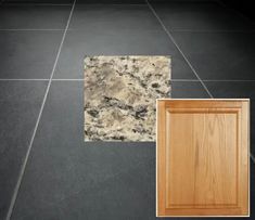 a tile floor with different types of tiles on it and an image of a wooden cabinet door