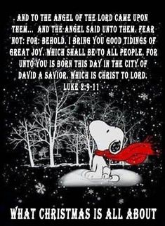 a snoopy christmas card with the words, what christmas is all about and to the angel of the lord came upon them