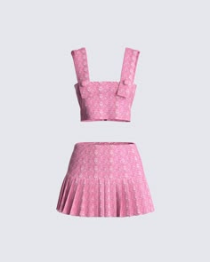 This two-piece matching set is the kind of preppy moment you will never get tired of 💗 Featuring a pink tweed cropped top, and mini skirt - this fit will show them all that you mean business, in the best way possible 😏 Pink Tweed Set, Dress Santai, Bimbocore Outfits, Skirt Two Piece Outfit, Sprinkle Sprinkle, Tweed Crop Top, Pink Tweed Jacket, Black Off Shoulder Top, Preppy Fall Outfits