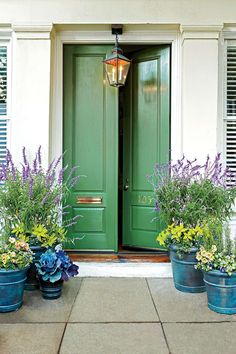 green front door with three blue flower pots on the sidewalk and two light fixtures above them