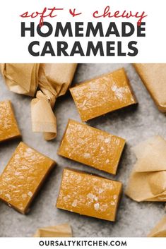 homemade caramel soap bars with text overlay that reads soft and chewy homemade caramels