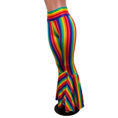 Funky and bold spandex rainbow pride high waisted bell bottoms flares in stretchy striped spandex. These bell bottoms will fit you perfectly. They hug your hips and flare out at the feet. The standard inseam is 34" (the mannequin is 5'8") but can be customized by putting your desired inseam in the personalization box. This is the perfect addition to your festival or pride outfit. Pair with our rainbow tube top bandeau or striped rainbow bolero. High Waisted Bell Bottoms, 60s Costume, Velvet Bell Bottoms, Striped Flare Pants, Rave Clothing, Festival Pants, Pride Outfit, Lgbtq Pride, Rainbow Pride