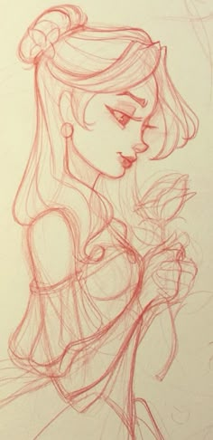 a drawing of a girl with long hair holding a flower in her hand and looking to the side