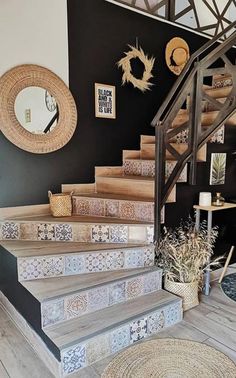 a stair case with decorative tiles on the bottom and sides, in front of a mirror