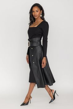 Understated or making a statement? We like statements. They are clear and concise and cut through the noise. This faux leather belted wrap trench skirt is the perfect way to express your unique & empowered style with grace, strength and a little fun. Wear it with our Harper Body dress or get creative and throw it over leggings! Soft faux leather Lined in satin Gold button front detail Midi length Three hook and prong waist sizing options Belt at the waist with a geometric gold buckle Complete th Trench Skirt, Jumpsuit Skirt, Faux Leather Belts, Body Dress, Get Creative, Leather Wraps, Top Dress, Leather Belt, Midi Length