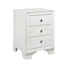 a white nightstand with three drawers on one side and an open drawer on the other