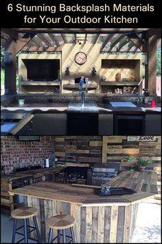 an outdoor kitchen made out of pallets and wood with the words 6 stunning backsplash materials for your outdoor kitchen