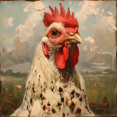 a painting of a rooster with red combs on it's head and white feathers