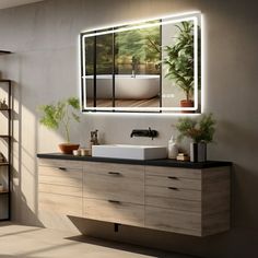 a bathroom with a sink, mirror and shelving unit on the wall next to it