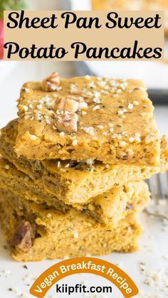 sheet pan sweet potato pancakes on a plate with text overlay that reads sheet pan sweet potato pancakes