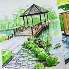 two drawings of a gazebo and a bridge