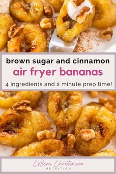 brown sugar and cinnamon air fryer bananas on a white plate with text overlay