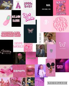 a collage of pink and black images with the names of different brands on them