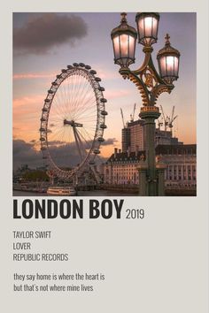 the london boy tour poster is displayed in front of a ferris wheel and other buildings