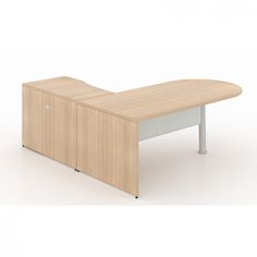 an office desk with a curved top and steel legs