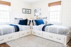 two twin beds with blue and white bedding in a bedroom