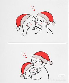 two pictures with santa hats on them, one is hugging the other