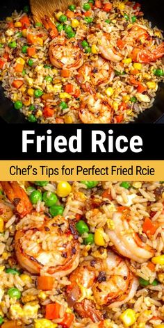 fried rice with shrimp and peas in a skillet