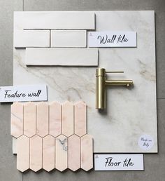 marble tiles and brass faucet on display with labels for different types of tile