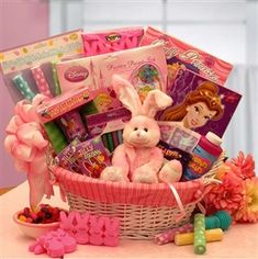 a basket filled with lots of toys on top of a table