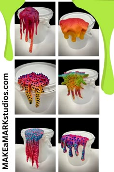 four pictures of different colors and shapes of jellyfishs in plastic containers with water dripping from them