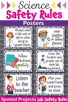 science safety rules posters for teachers and students to use in the classroom, including instructions on how