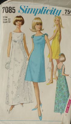 "A Warm Welcome to you, thanks so much for stopping by.  Up for sale today is this fabulous Vintage Simplicity Misses \"Dress\" Pattern. # 7085.  Size Misses 12, Bust 32\". @ 1960's.  This vintage pattern is uncut and good condition with some wear on the envelope.   Beautiful and classic style.  See pictures for more information. . I am always happy to answer your questions regarding the listing. See picture provide for more information. Thanks for looking and be sure to check back often as I ad Vintage Simplicity Patterns, Sleeveless Dress Pattern, Wedding Dress Sewing Patterns, Vintage Clothes Patterns, Wedding Dress Sewing, Long Dress Patterns, Princess Seam Dress, Evening Dress Patterns, Simplicity Patterns Dresses