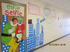 a hallway decorated with posters and decorations for elf seiffief on the wall